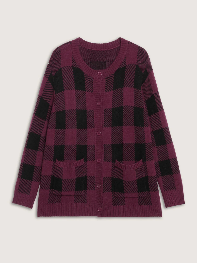 Checkered Jacquard Buttons Pockets Knit Cardigan