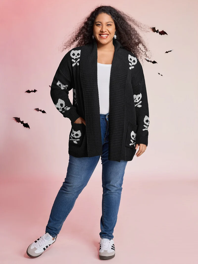 Skull Print Shawl Collar Knit Cardigan