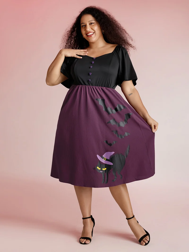 Wicked Halloween Print Contrast Button Midi Dress