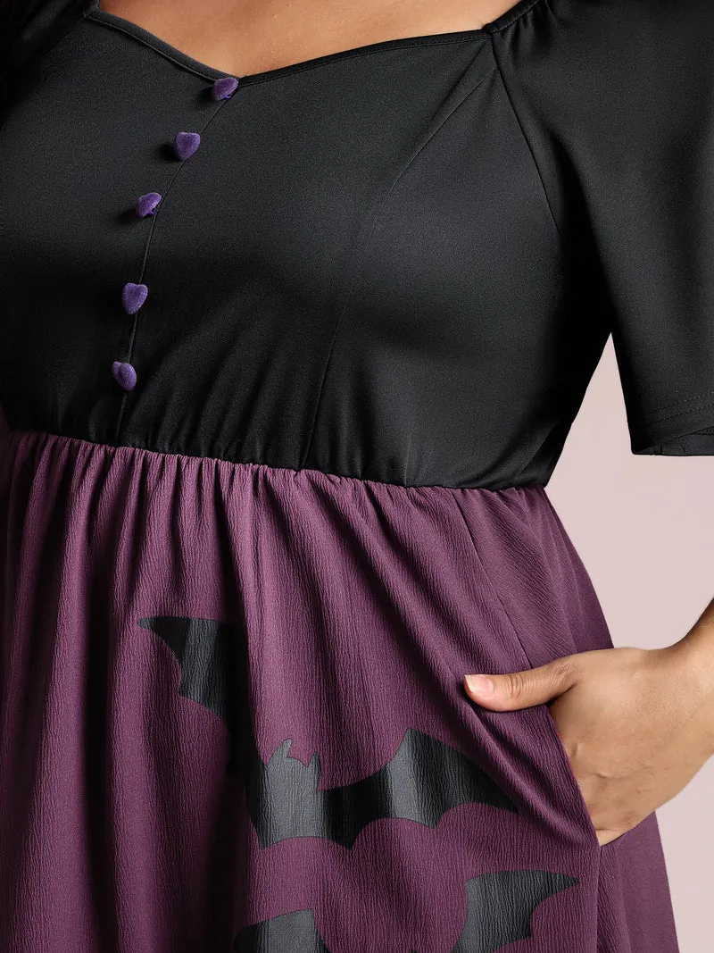 Wicked Halloween Print Contrast Button Midi Dress