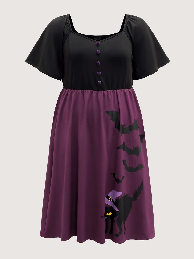 Wicked Halloween Print Contrast Button Midi Dress