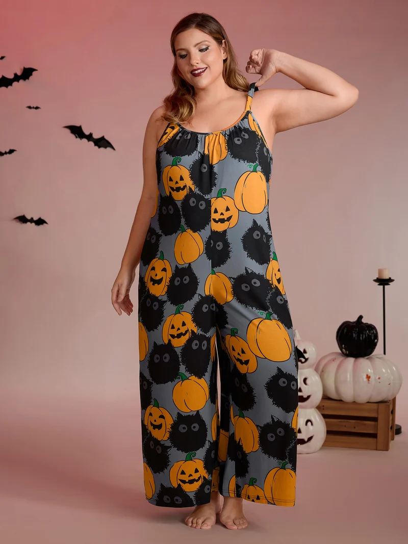 Pumpkin Everywhere Print Wide-Leg Jumpsuit