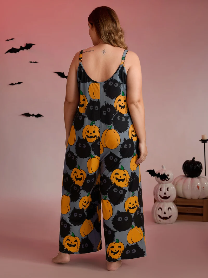 Pumpkin Everywhere Print Wide-Leg Jumpsuit