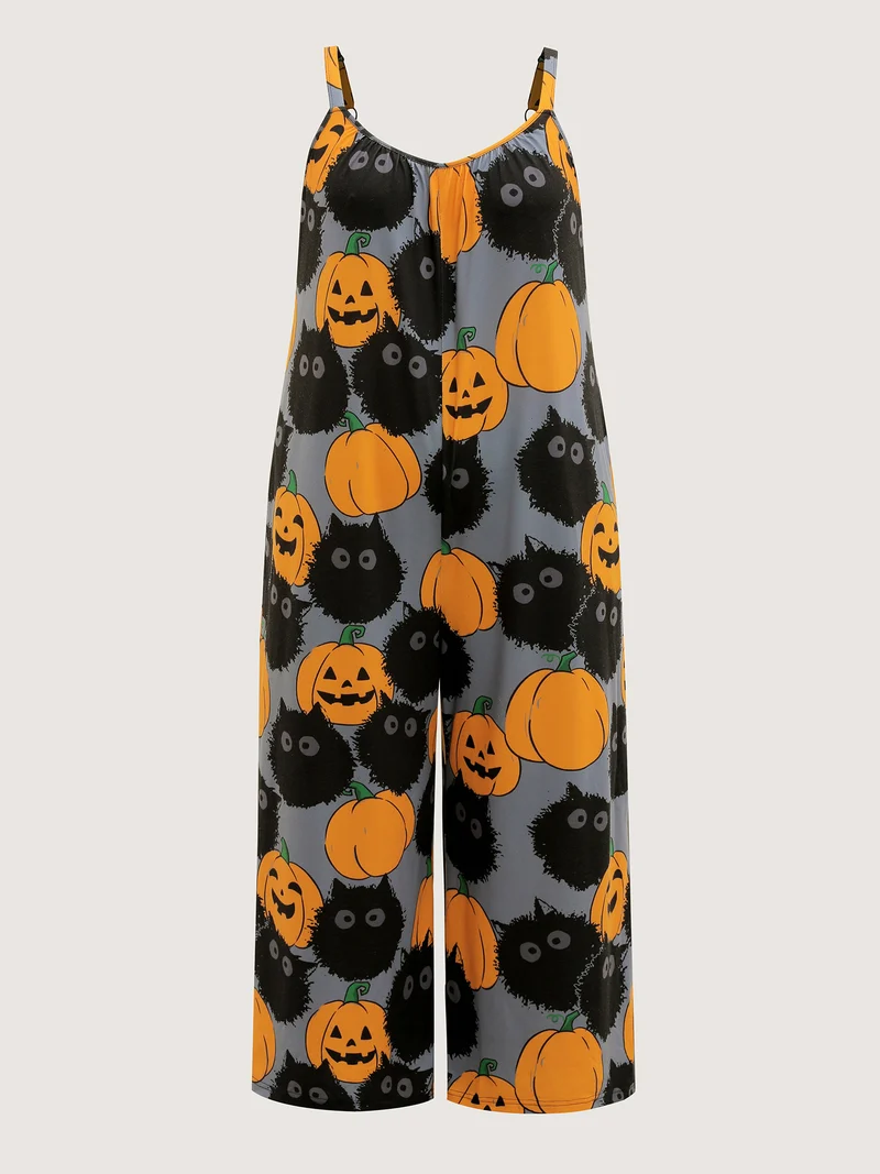 Pumpkin Everywhere Print Wide-Leg Jumpsuit