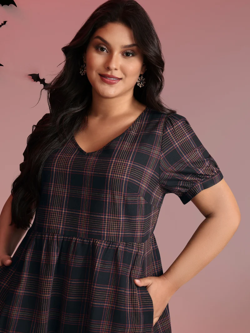 Cotton Retro Plaid Print Tiered Stretchy Midi Dress