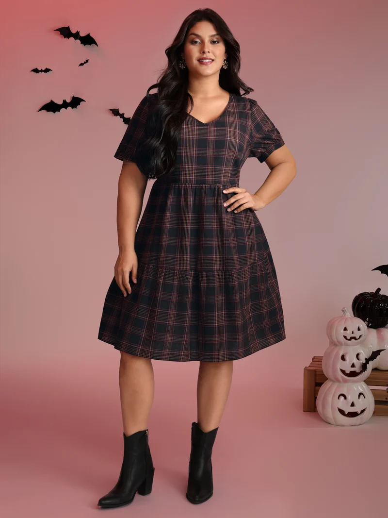 Cotton Retro Plaid Print Tiered Stretchy Midi Dress