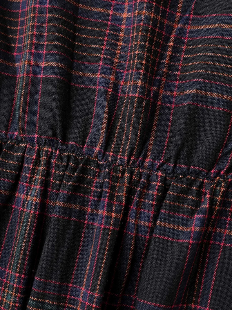Cotton Retro Plaid Print Tiered Stretchy Midi Dress