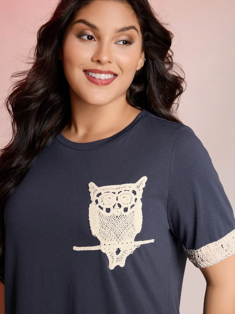 Owl Embroidery Round Neck Contrast T-Shirt