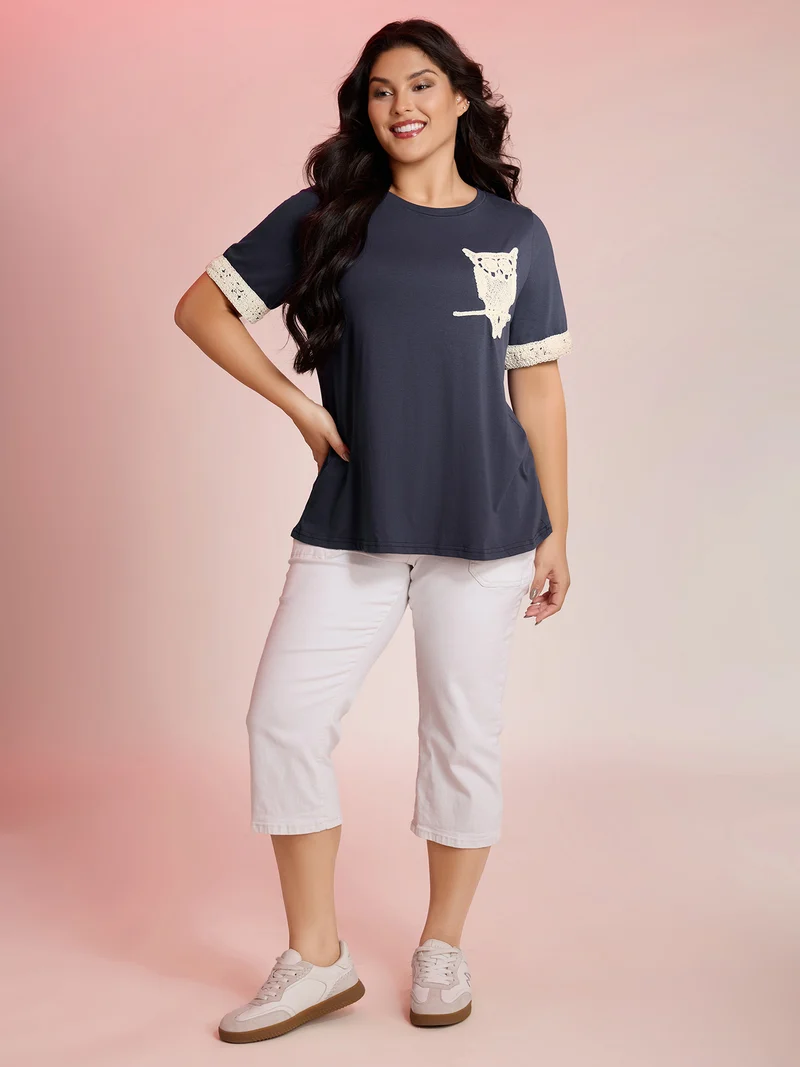 Owl Embroidery Round Neck Contrast T-Shirt