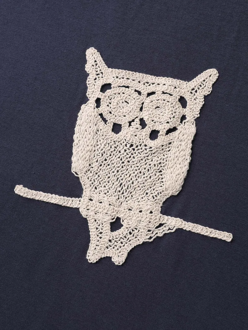 Owl Embroidery Round Neck Contrast T-Shirt