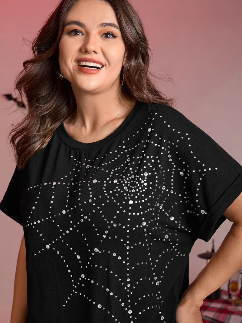 Spiderweb Rhinestone Stretchy Solid T-Shirt