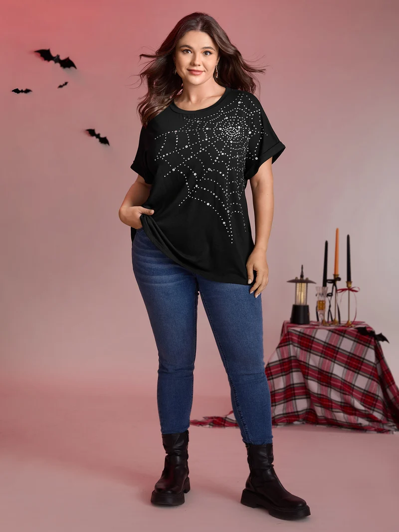 Spiderweb Rhinestone Stretchy Solid T-Shirt