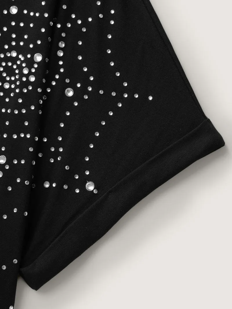 Spiderweb Rhinestone Stretchy Solid T-Shirt