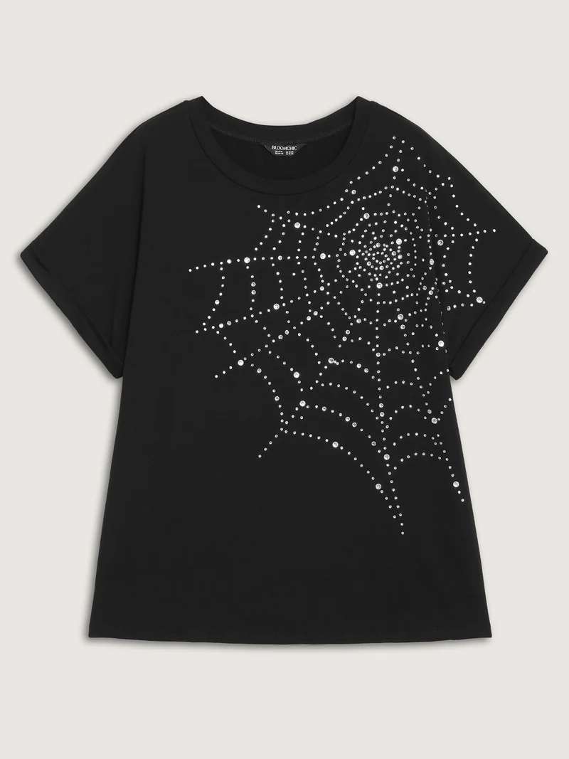 Spiderweb Rhinestone Stretchy Solid T-Shirt