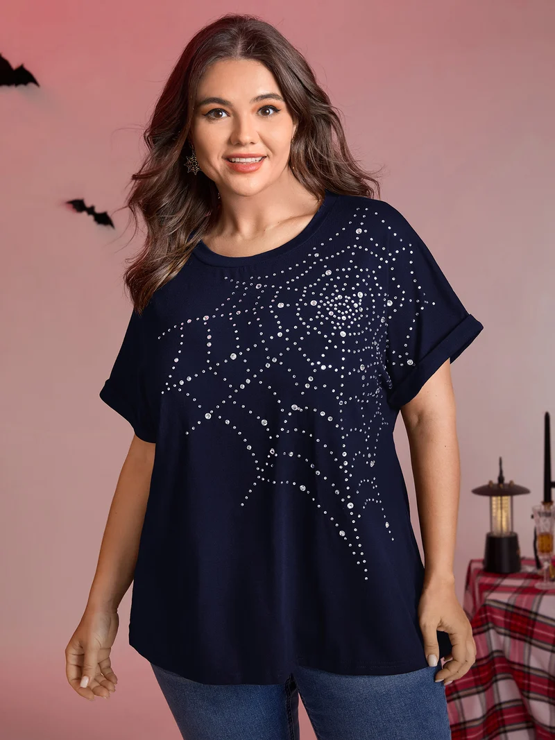 Spiderweb Rhinestone Stretchy Solid T-Shirt
