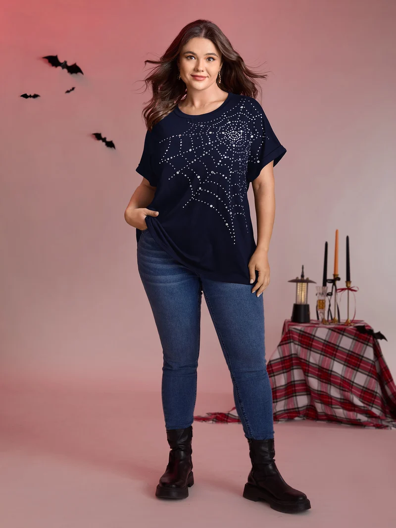 Spiderweb Rhinestone Stretchy Solid T-Shirt