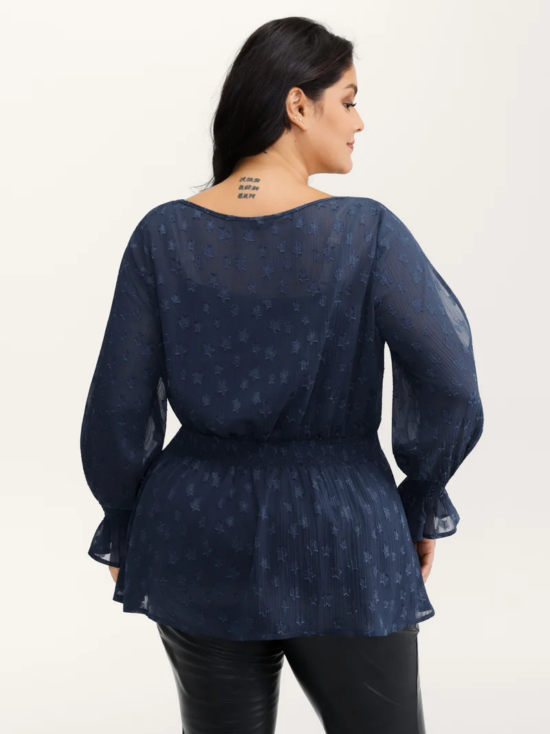 Star Jacquard Print Shirred Ruffled Blouse