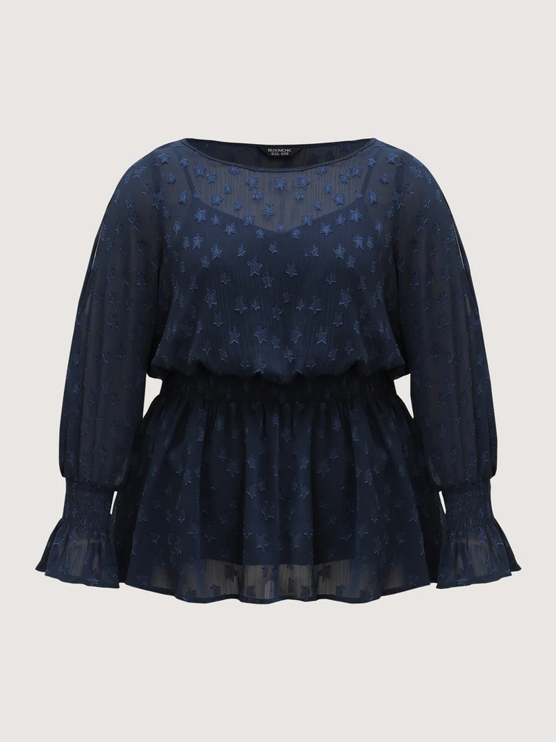 Star Jacquard Print Shirred Ruffled Blouse