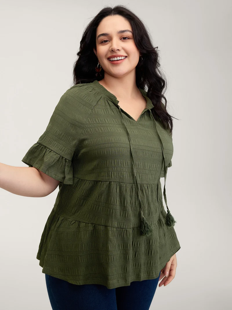 Notched Neck-Tie Crinkle Tiered Blouse