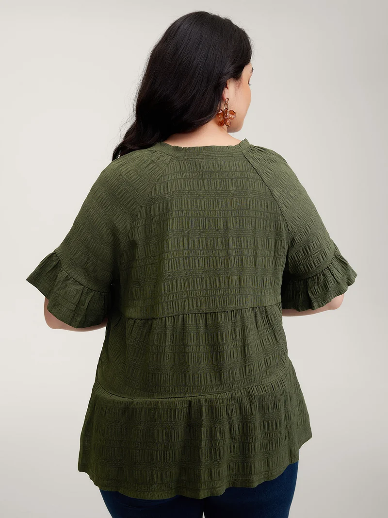 Notched Neck-Tie Crinkle Tiered Blouse