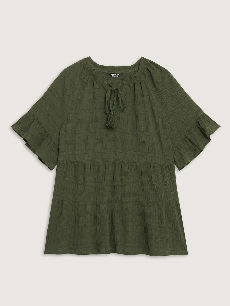 Notched Neck-Tie Crinkle Tiered Blouse