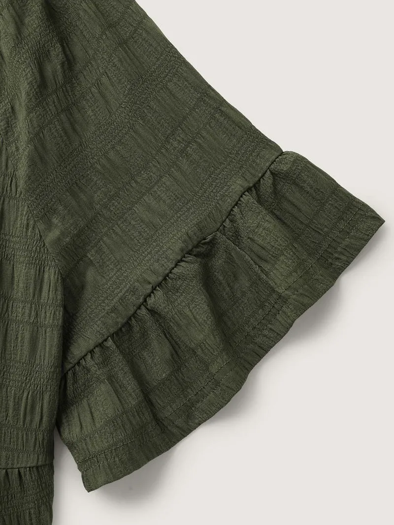 Notched Neck-Tie Crinkle Tiered Blouse