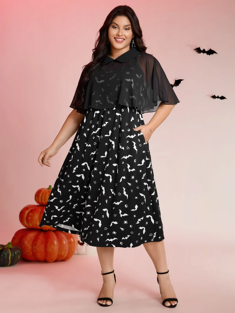 Halloween Bat Print Contrast Two-Piece Midi Dress