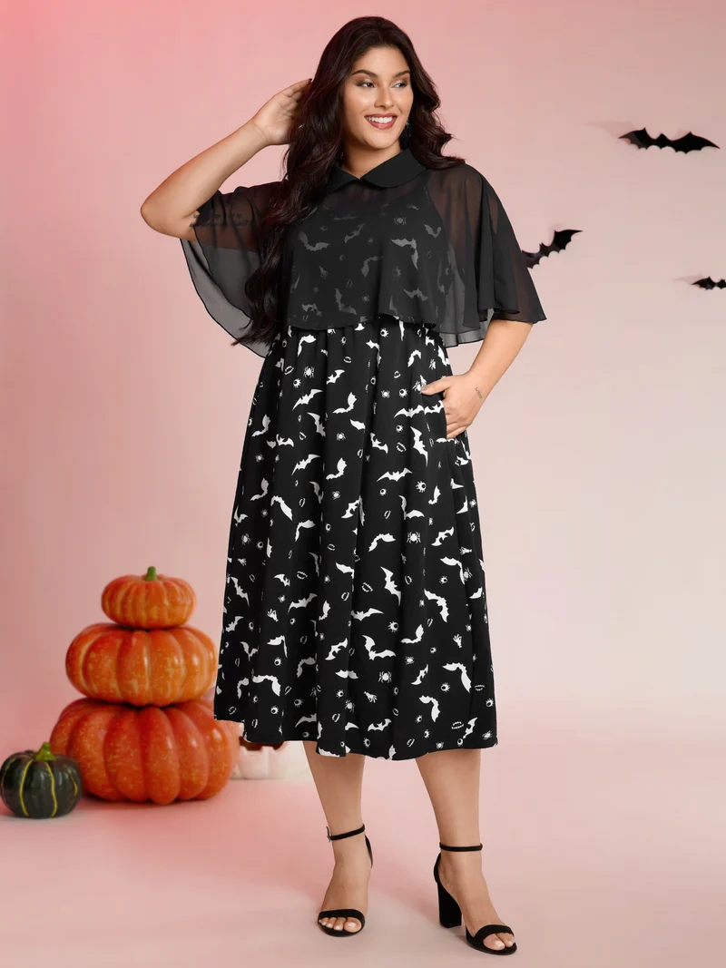 Halloween Bat Print Contrast Two-Piece Midi Dress