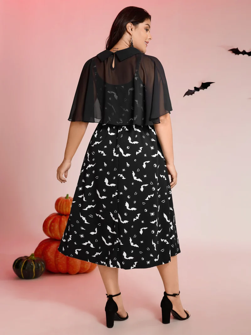 Halloween Bat Print Contrast Two-Piece Midi Dress