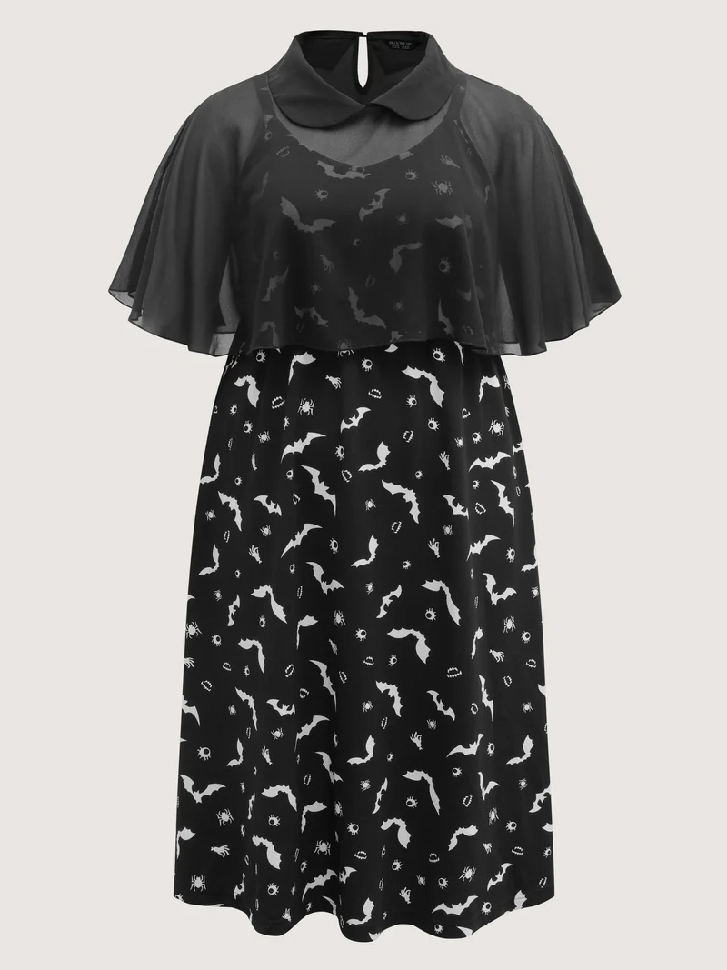Halloween Bat Print Contrast Two-Piece Midi Dress