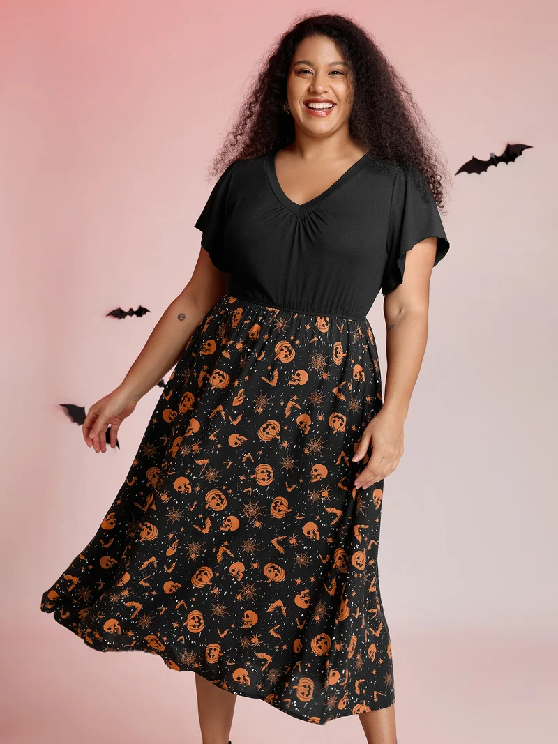 Pumpkin Contrast Print Pockets Maxi Dress