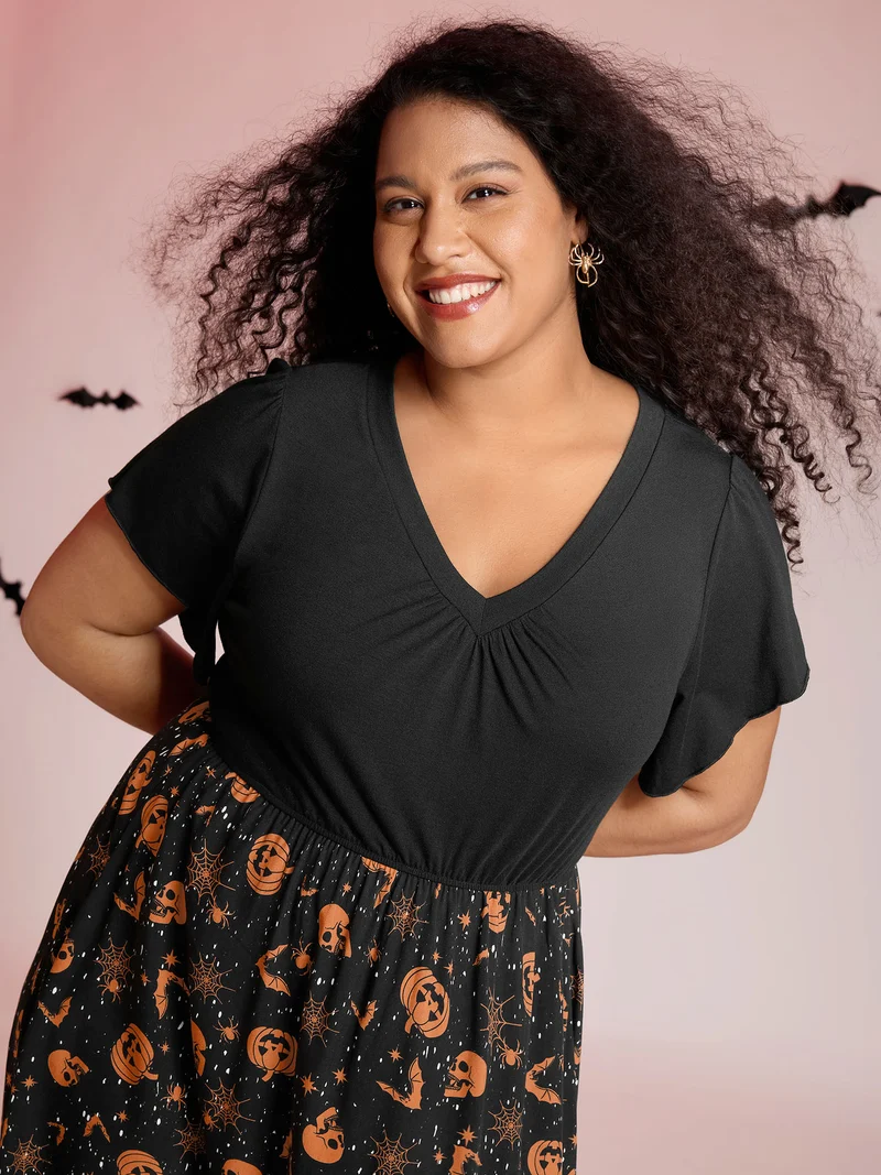 Pumpkin Contrast Print Pockets Maxi Dress