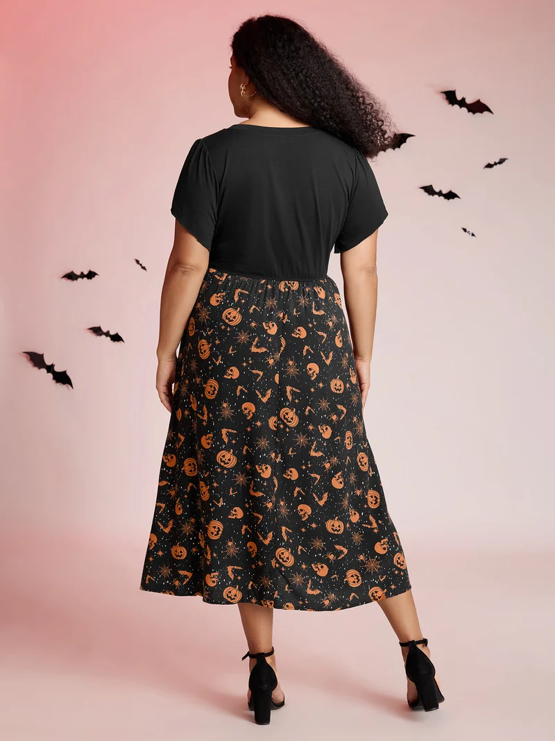 Pumpkin Contrast Print Pockets Maxi Dress