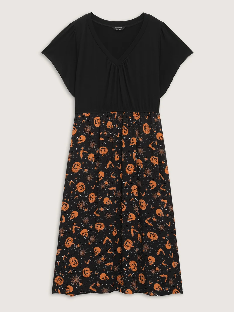 Pumpkin Contrast Print Pockets Maxi Dress
