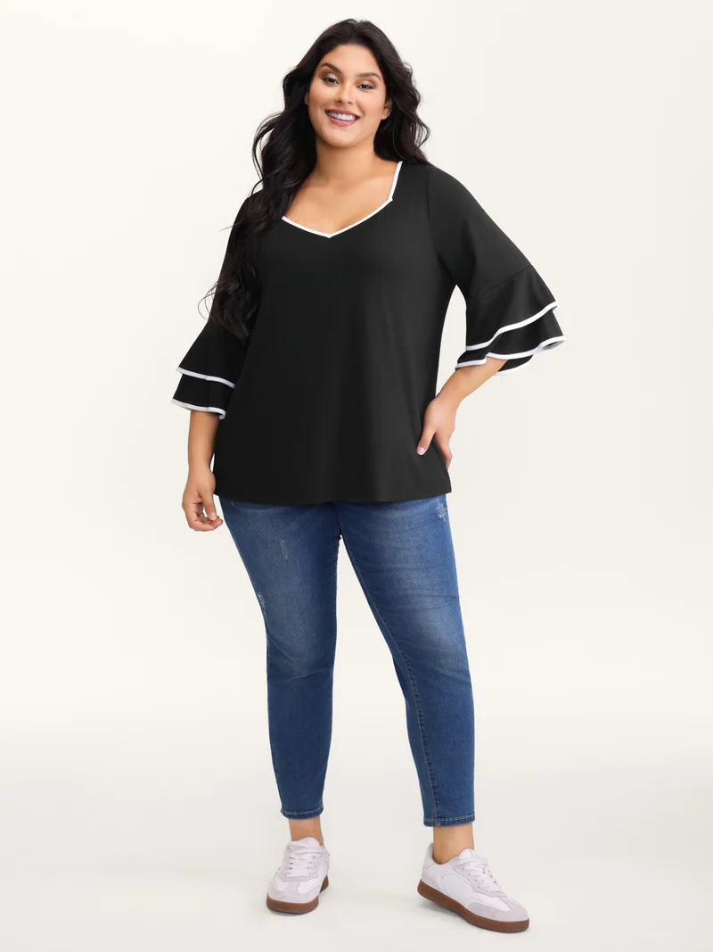 Stretchy Color Contrast Layered Sleeve T-Shirt