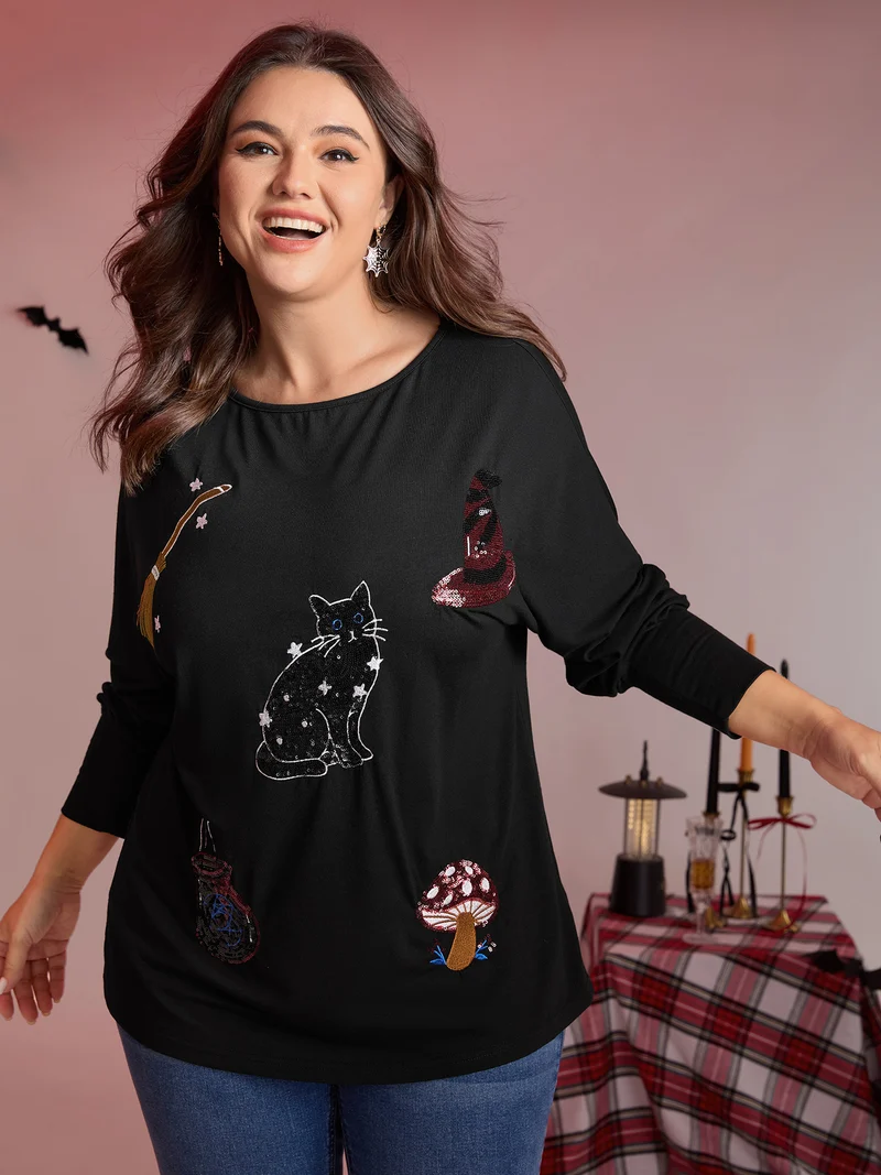 Supersoft Cat Sequin Embroidered T-Shirt