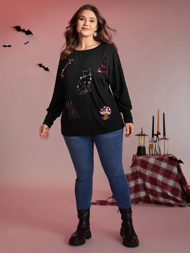 Supersoft Cat Sequin Embroidered T-Shirt