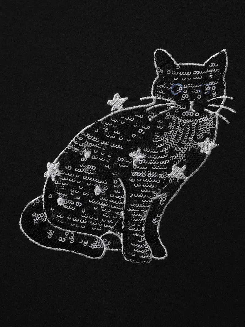 Supersoft Cat Sequin Embroidered T-Shirt