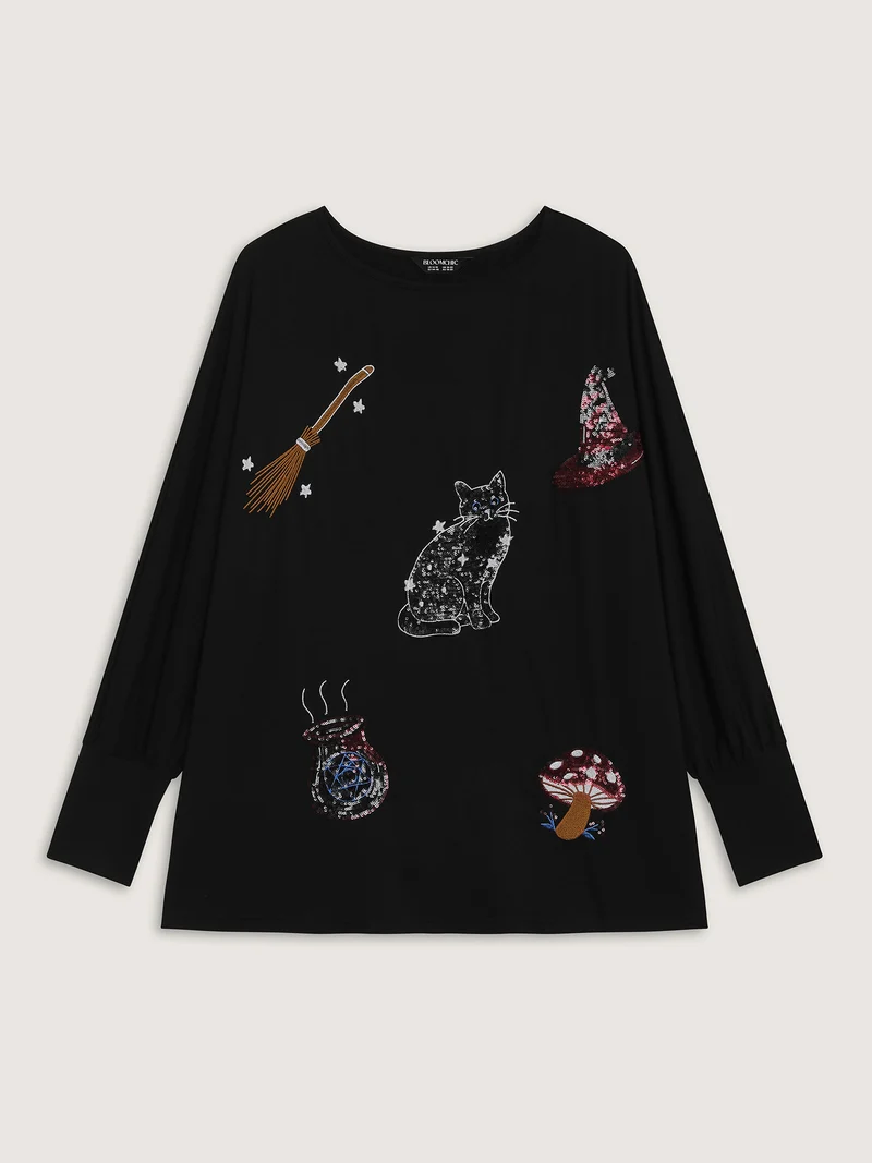 Supersoft Cat Sequin Embroidered T-Shirt