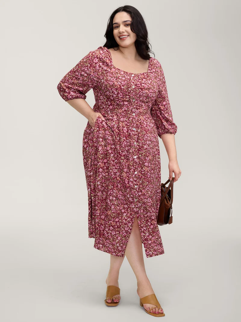 Fall Florals Gather Bust Button Maxi Dress