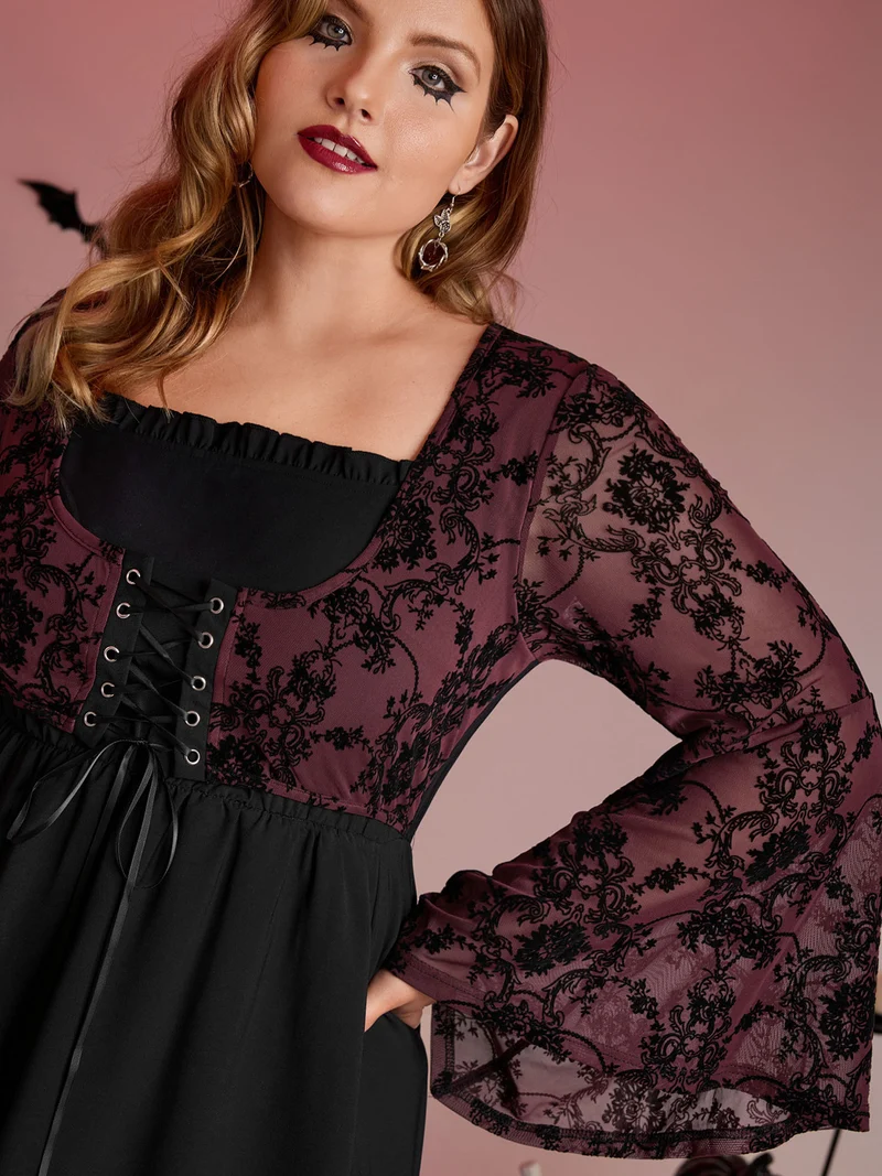 Elastic Mesh Corset-Like Ties Midi Dress