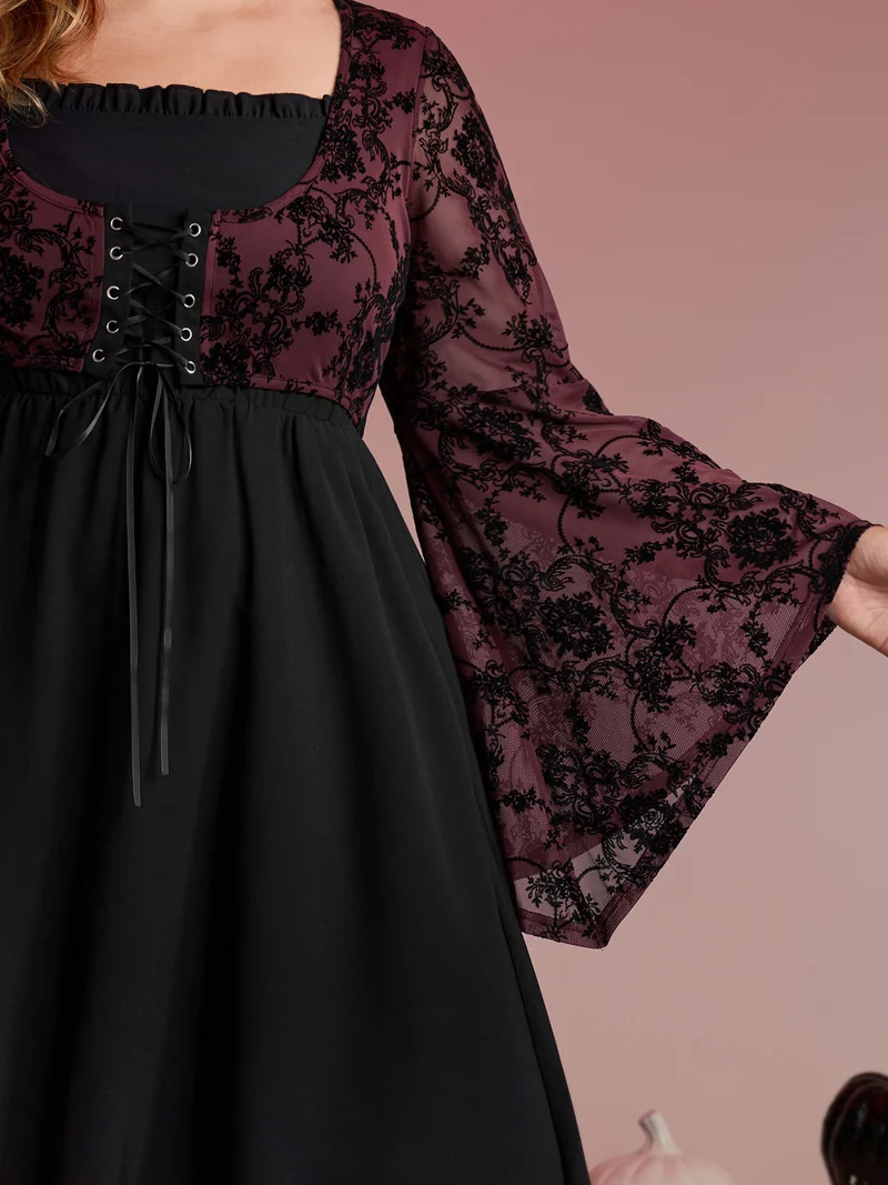 Elastic Mesh Corset-Like Ties Midi Dress