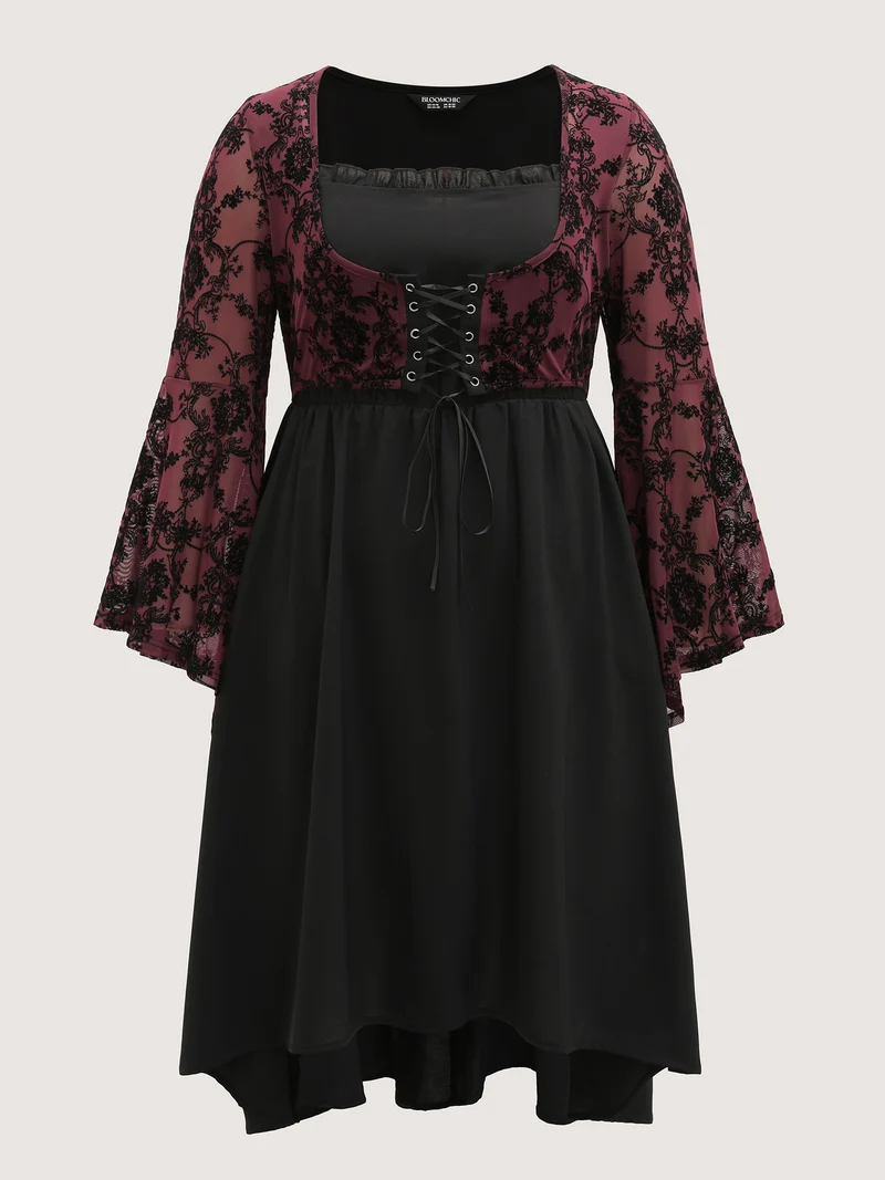 Elastic Mesh Corset-Like Ties Midi Dress