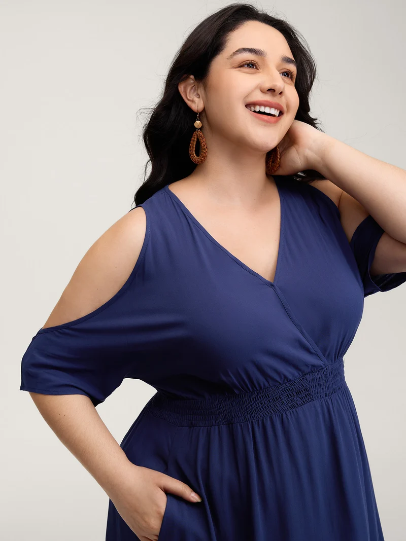 Sleeve Cut-Out Shirred Waist Maxi Dress