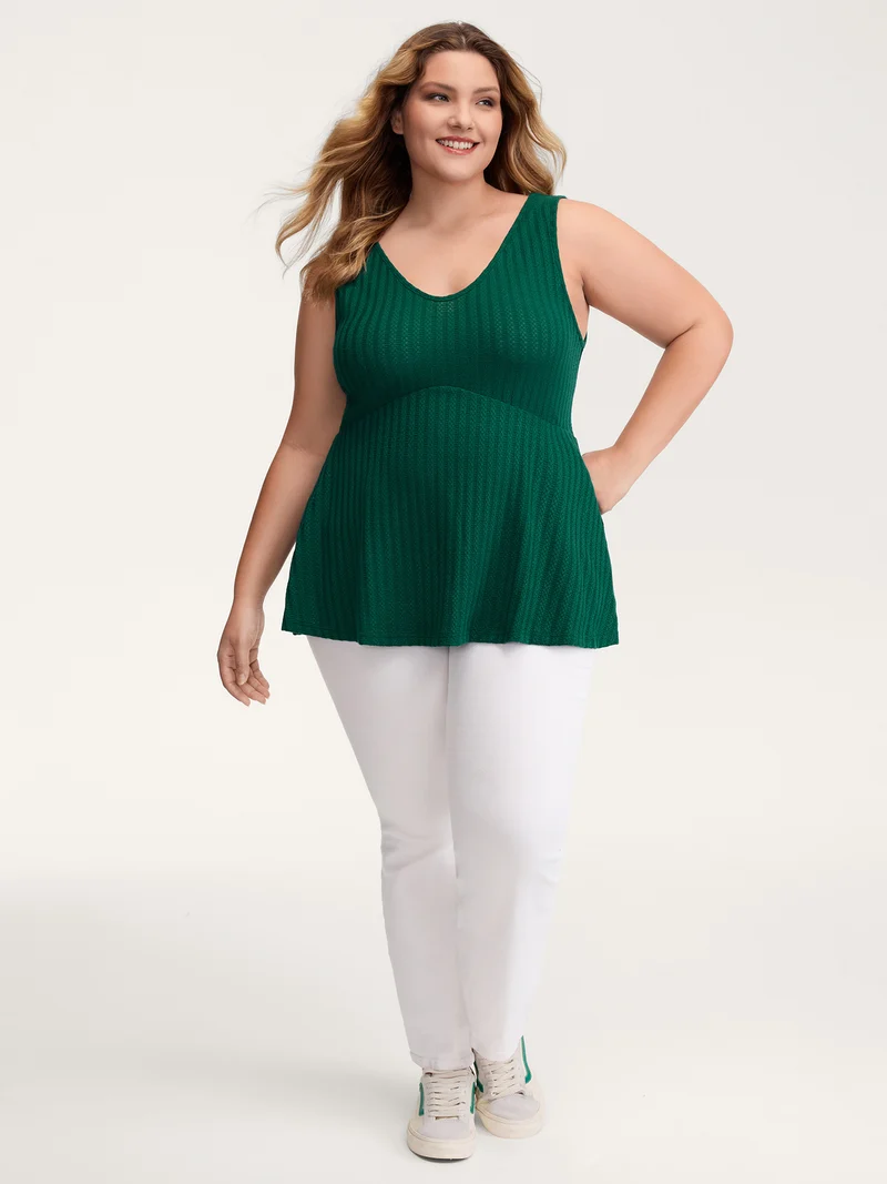 Textured Knit V-Neck Cinched-Waist Tank Top