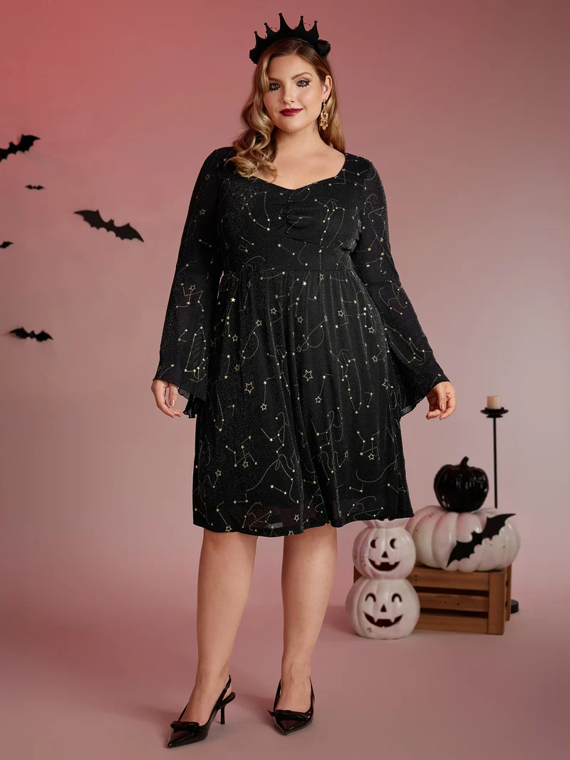 Starry Silk Mesh Flared Sleeve Midi Dress
