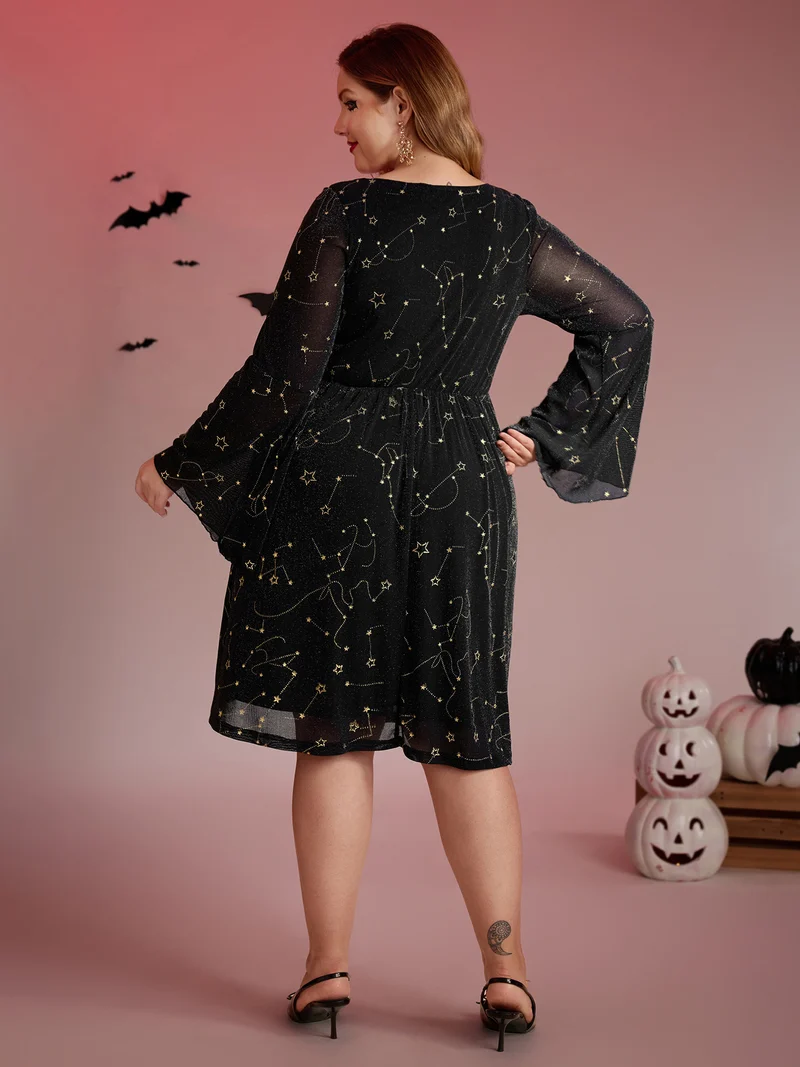 Starry Silk Mesh Flared Sleeve Midi Dress
