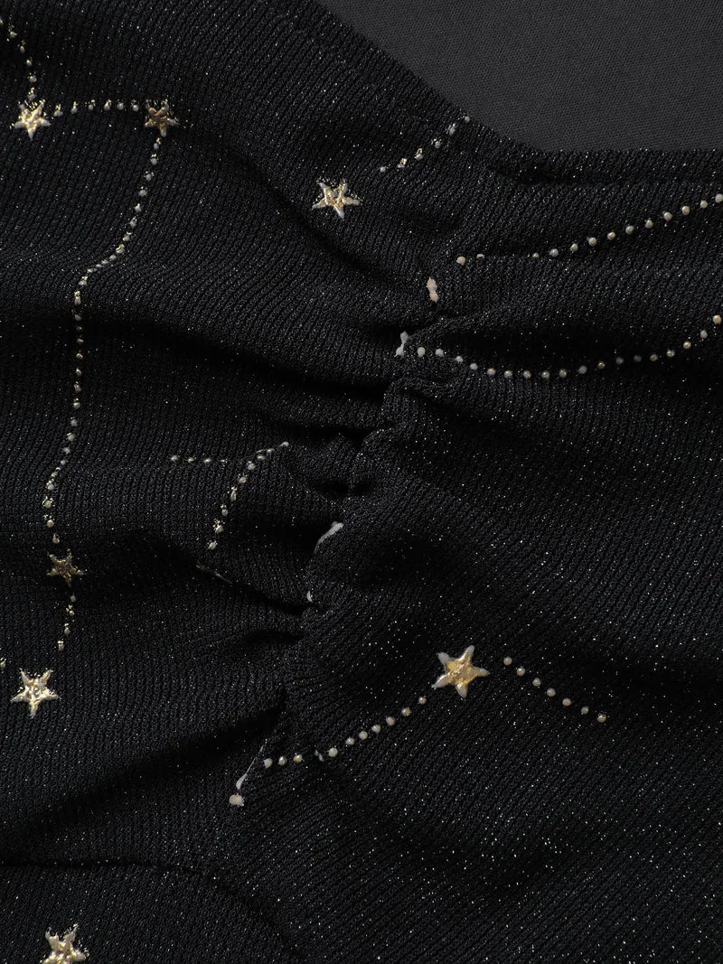 Starry Silk Mesh Flared Sleeve Midi Dress