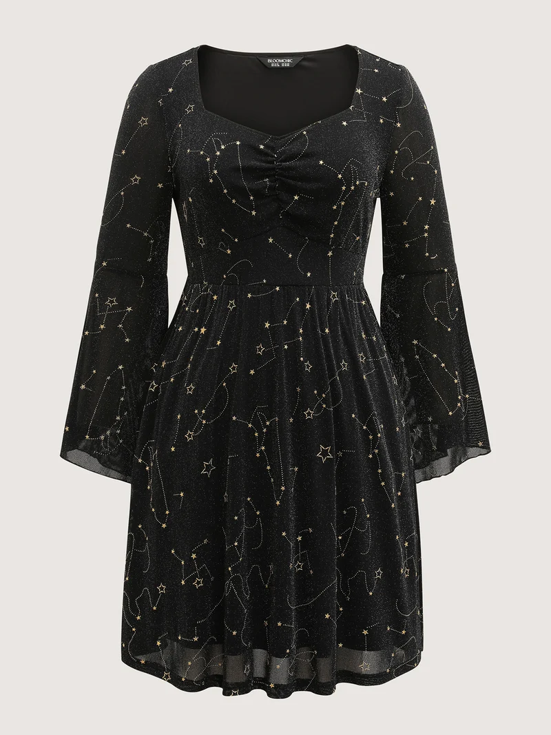 Starry Silk Mesh Flared Sleeve Midi Dress