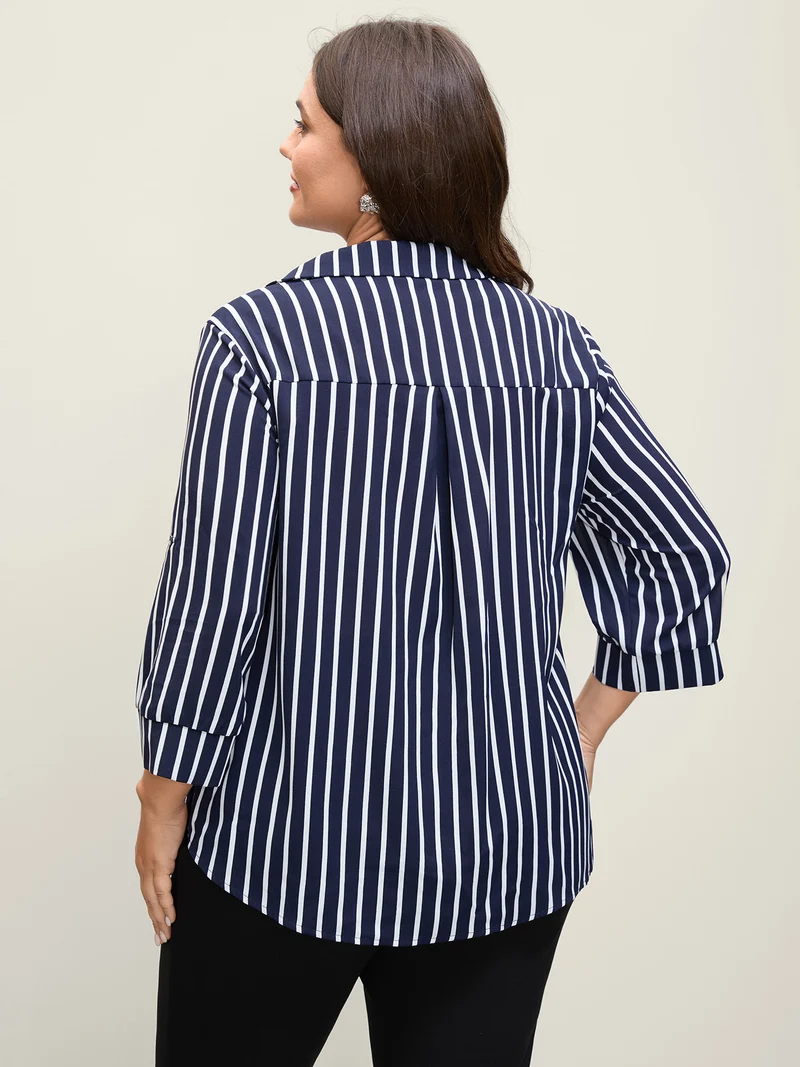 Stripe Print Zipper Folded Sleeve Blouse